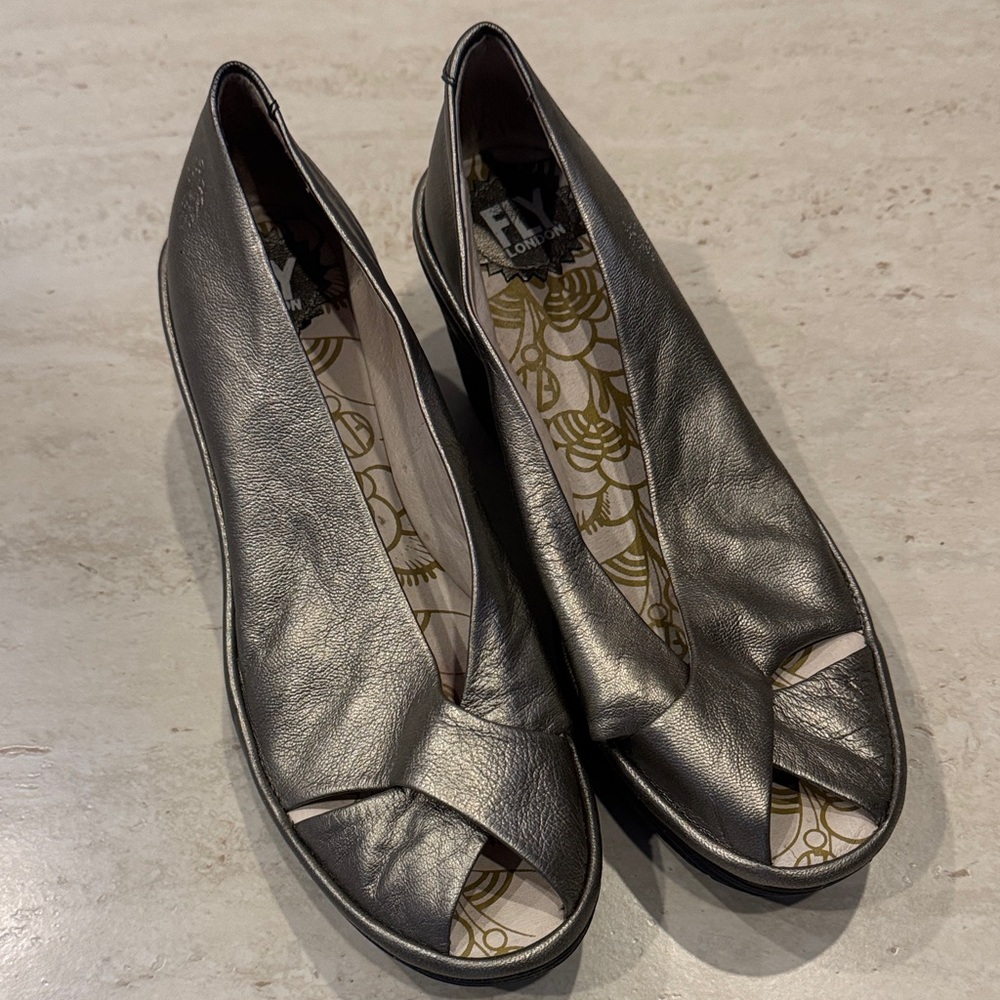 Fly London Women's Silver Peep Toe Wedges